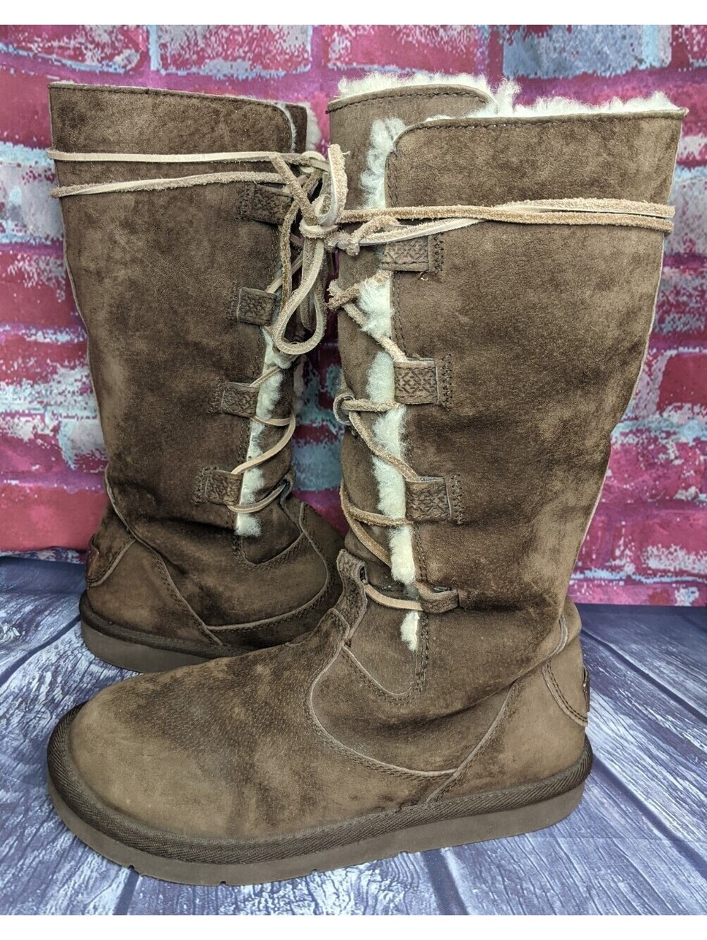 UGG Whitley Tall Brown Suede Boots Lace Up Sheepskin Shearling 5122 Womens 8 39